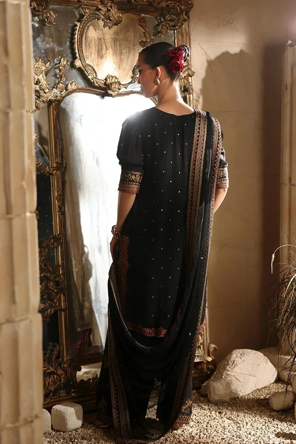 Onyx Black &amp; Metallic Gold: Embroidered Chiffon Suit | Ready To Wear