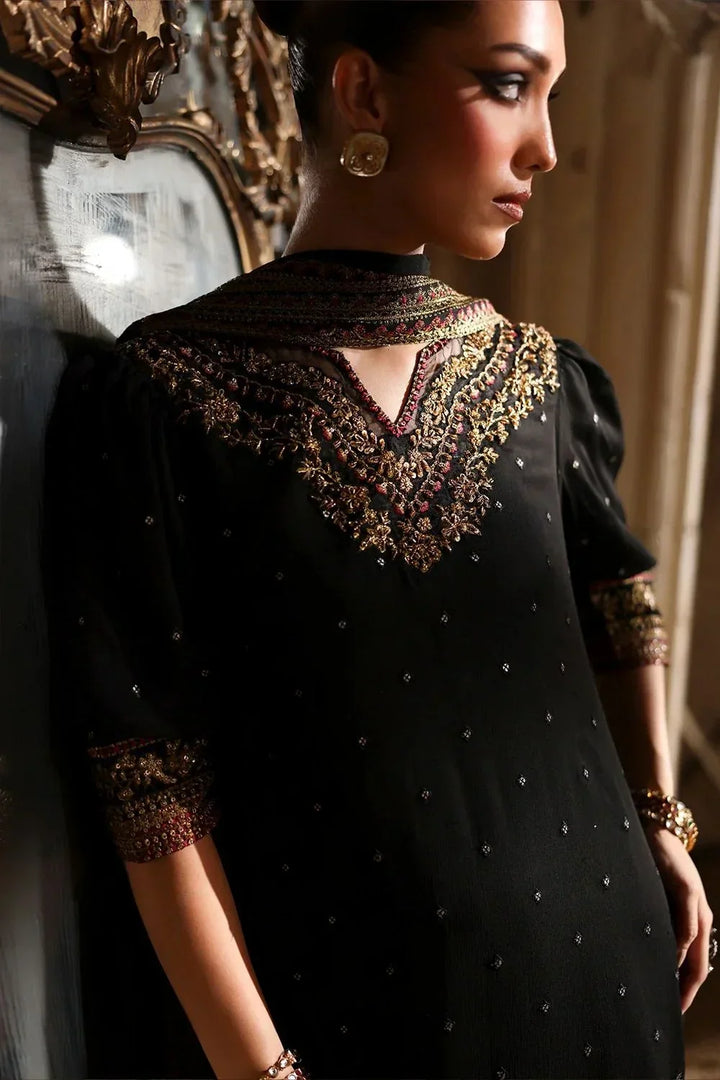 Onyx Black &amp; Metallic Gold: Embroidered Chiffon Suit | Ready To Wear