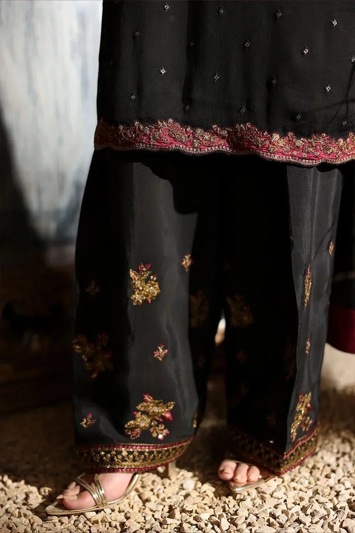 Onyx Black &amp; Metallic Gold: Embroidered Chiffon Suit | Ready To Wear