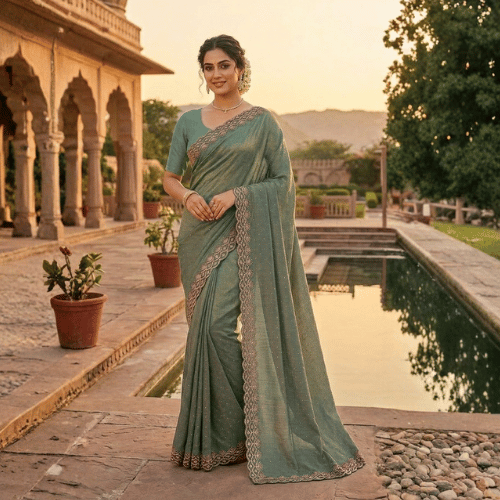 New  Stone Work Fabric  Saree Collection  For  Women