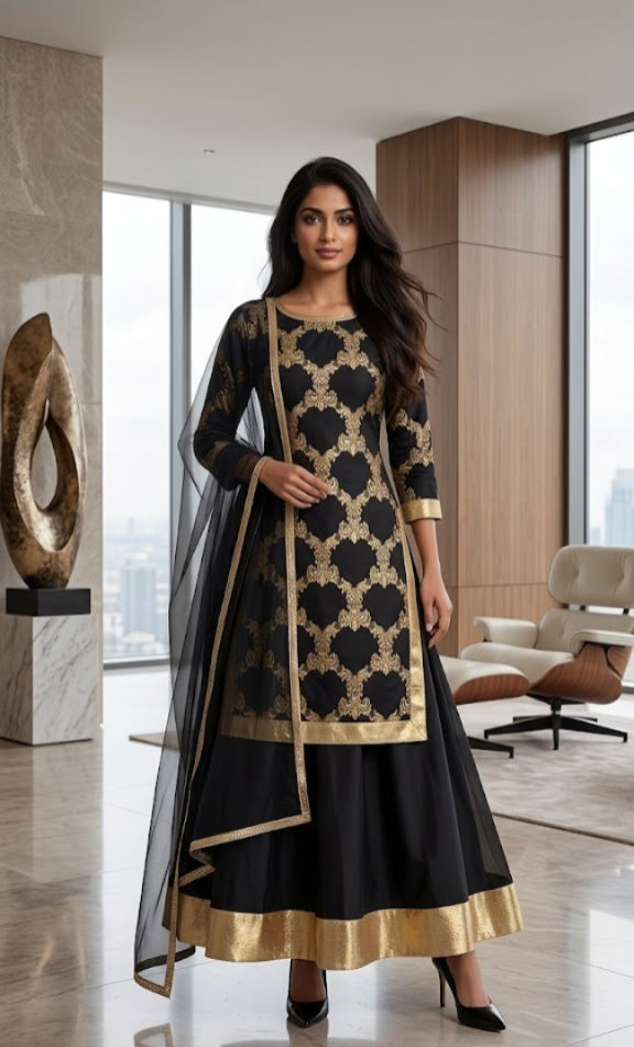 Heavy Rayon Gold Printed Dress With Skirt For Women