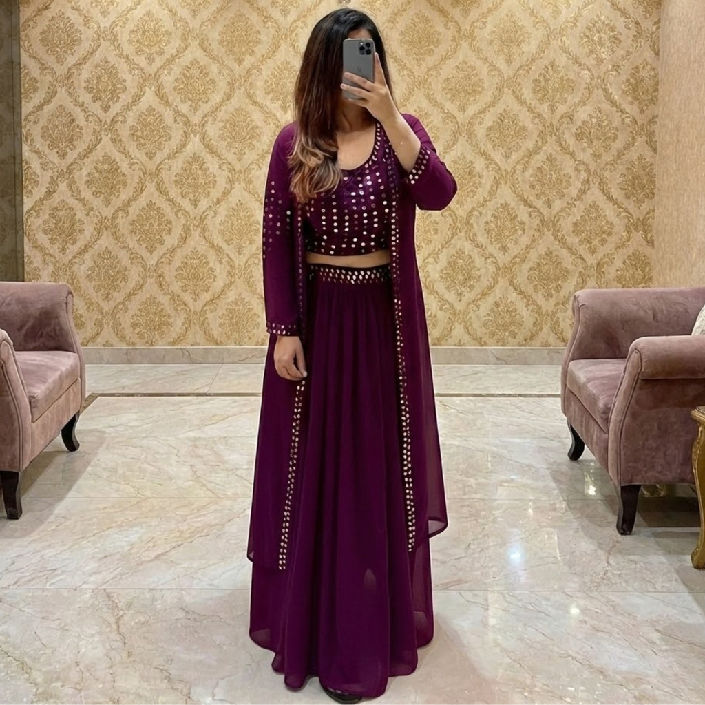 Embroidered Designer Georgette Croptop Skirt And Shurg 003