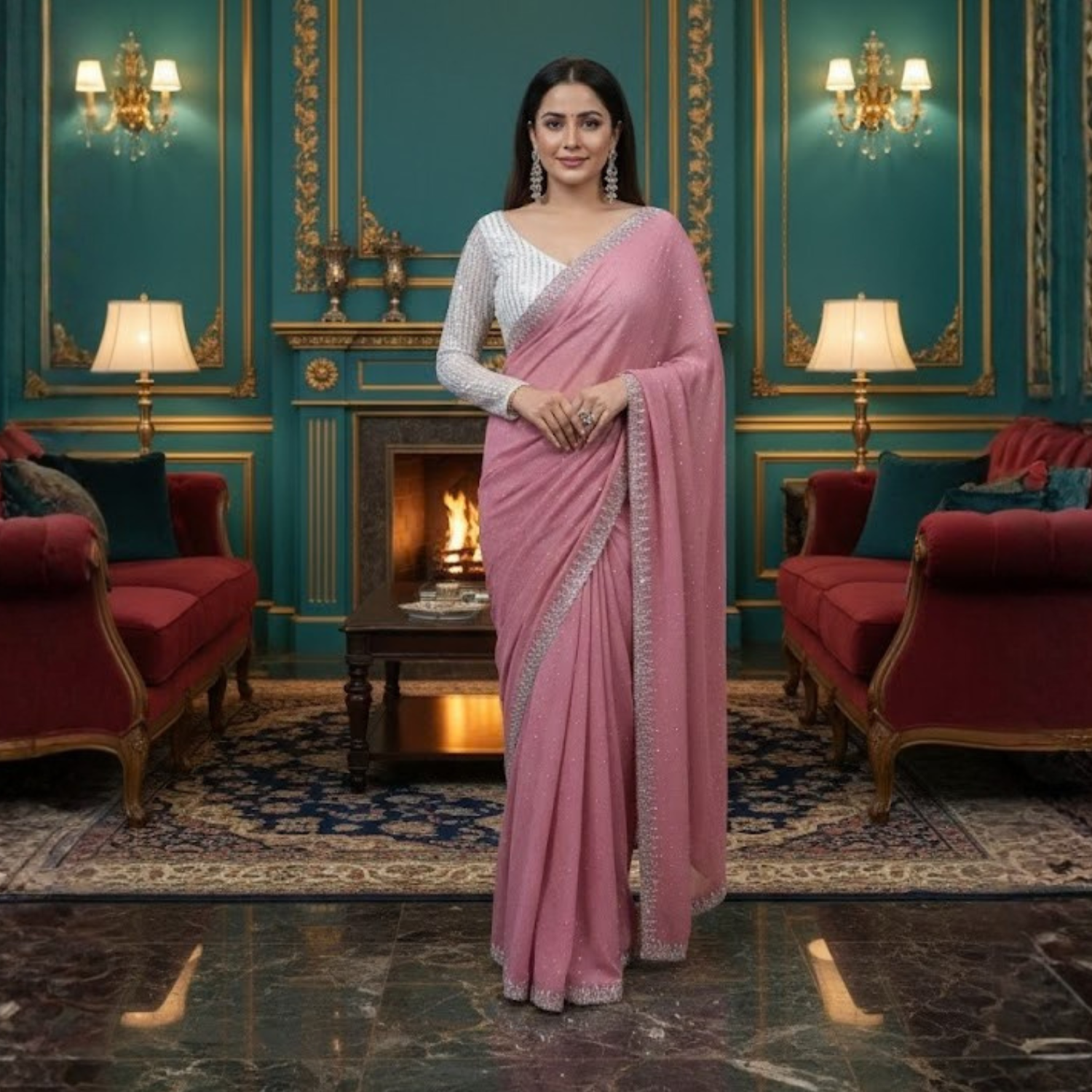 Georgette Saree with Blouse and Diamond Work For Women