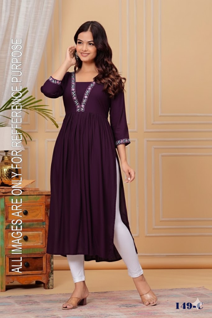 Elegant A-Line Cotton Kurti With Collar Embroidery Work  For Women 001