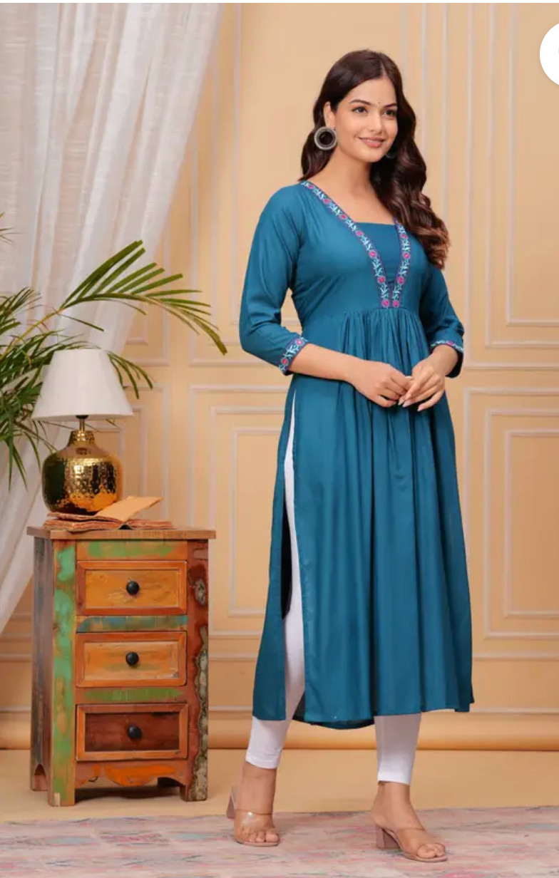Elegant A-Line Cotton Kurti With Collar Embroidery Work  For Women 001