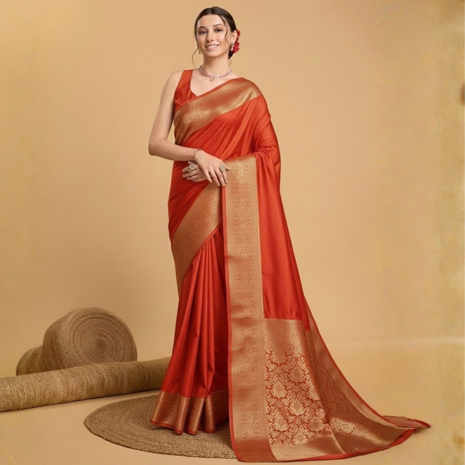Printed Silk Saree With Contrast Heavy Blouse For Women