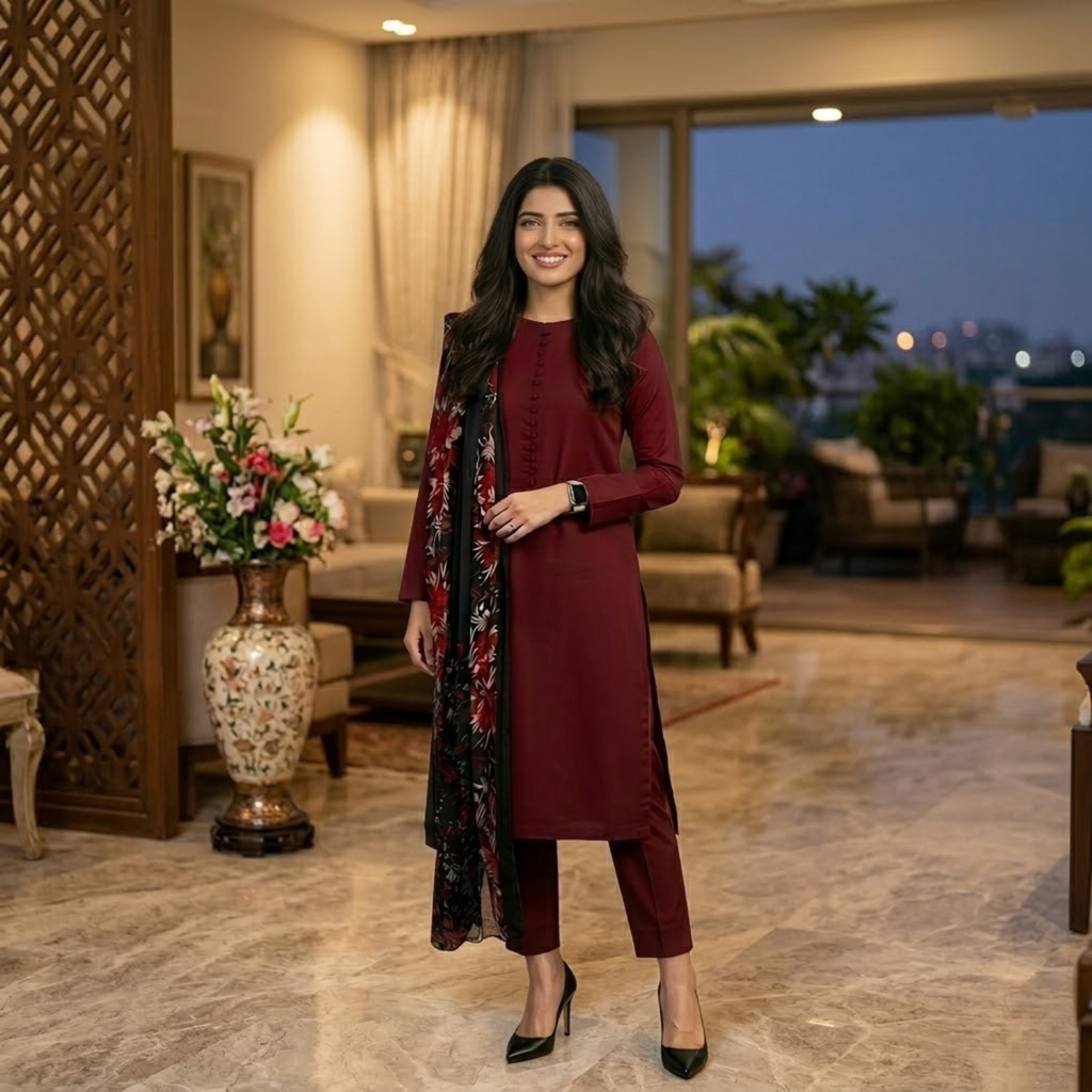 Plain 3PCS Suit Collection With Printed Dupatta  For Women 003