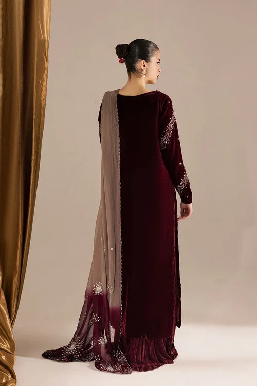 Wine Maroon &amp; Champagne: Embroidered Velvet Suit | Ready To Wear