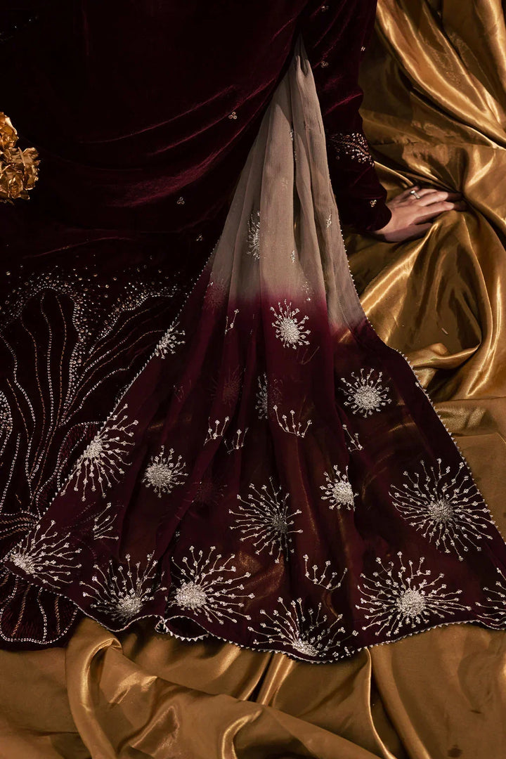 Wine Maroon &amp; Champagne: Embroidered Velvet Suit | Ready To Wear