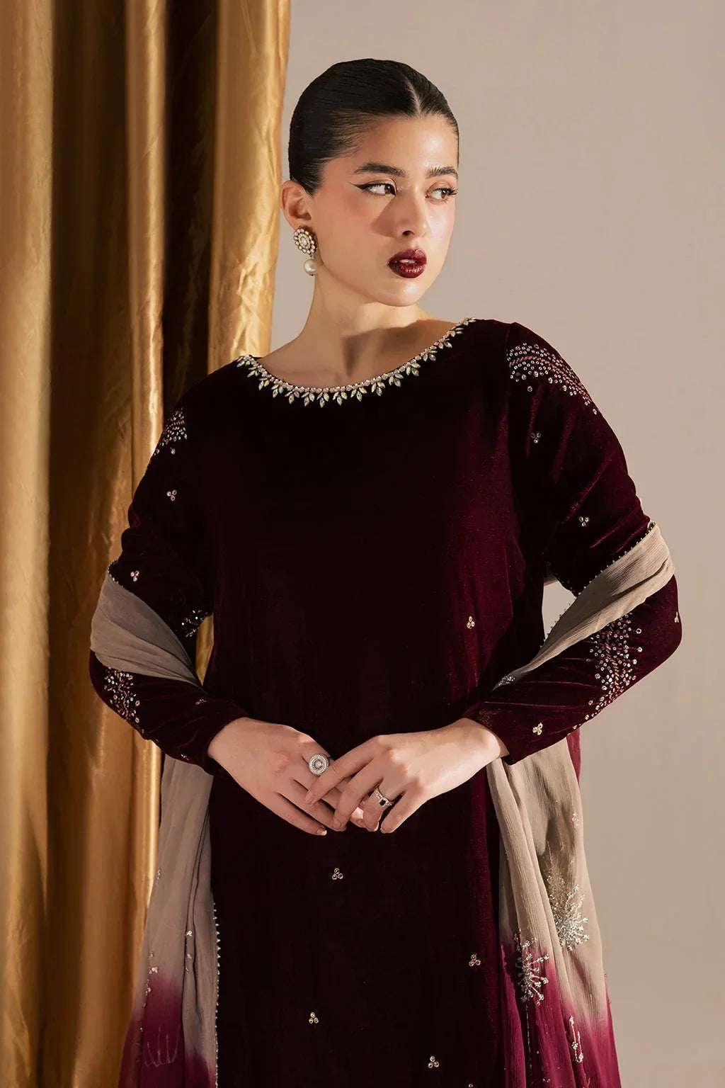 Wine Maroon &amp; Champagne: Embroidered Velvet Suit | Ready To Wear