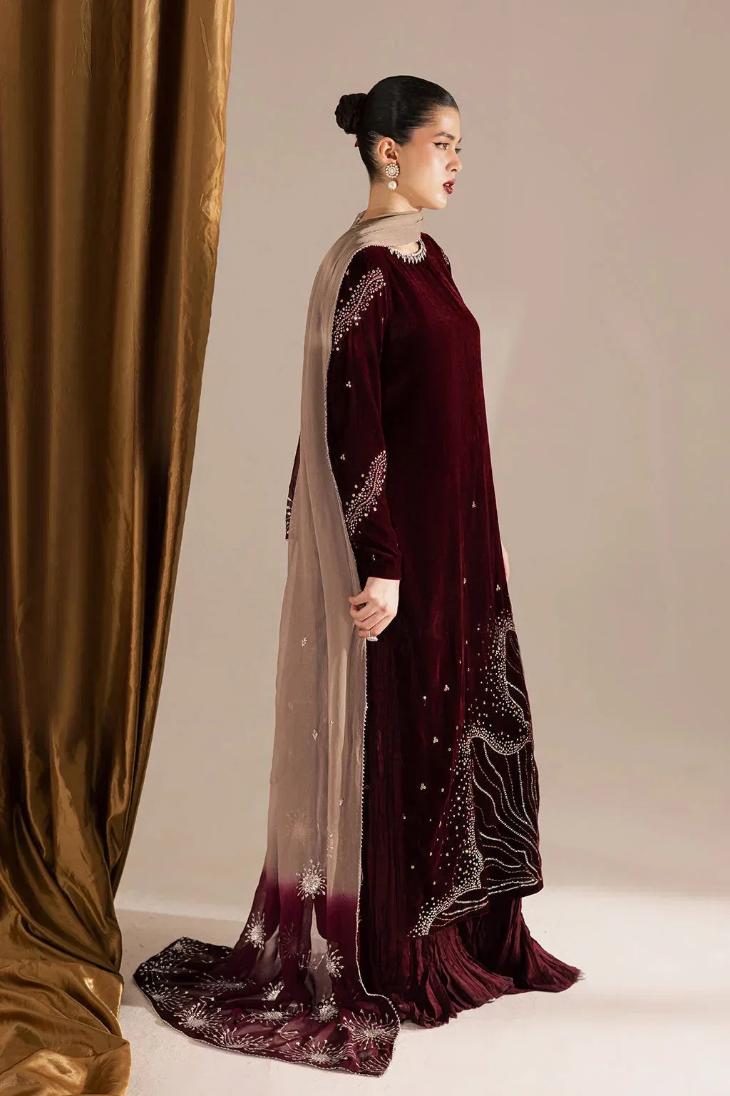 Wine Maroon &amp; Champagne: Embroidered Velvet Suit | Ready To Wear