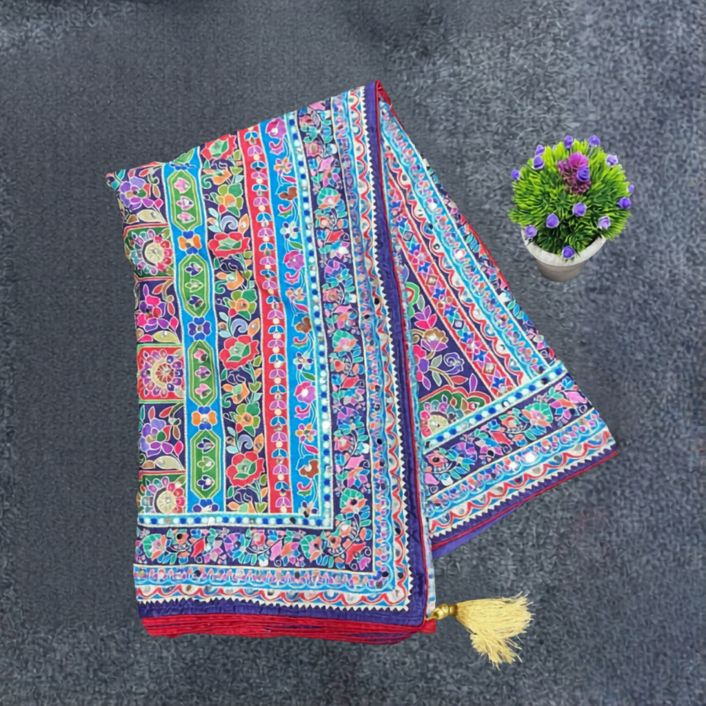 Designer Chinon Silk Saree With Piping Border Latkan Tassels  &  Mirror Work  Collection For Women