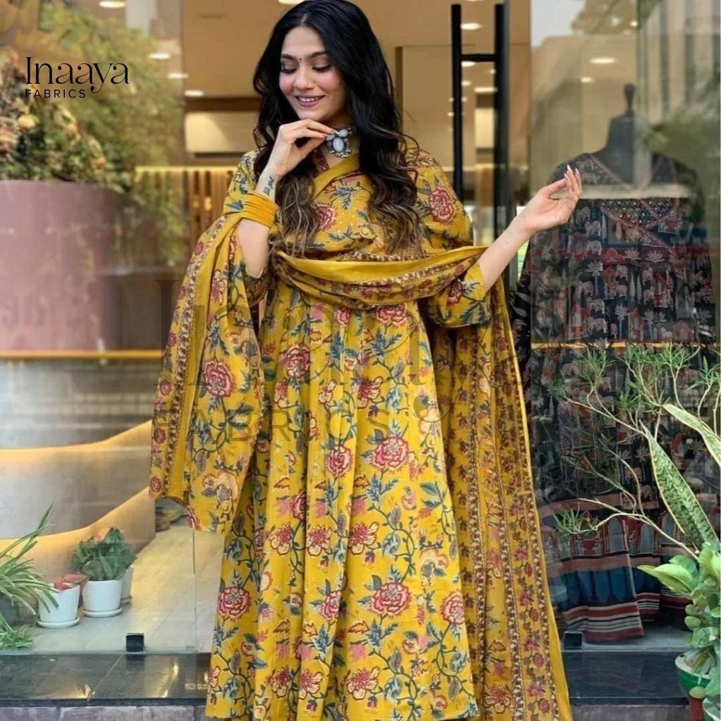 Designer Cotton Anarkali 3Pcs Gown Set For Women 003