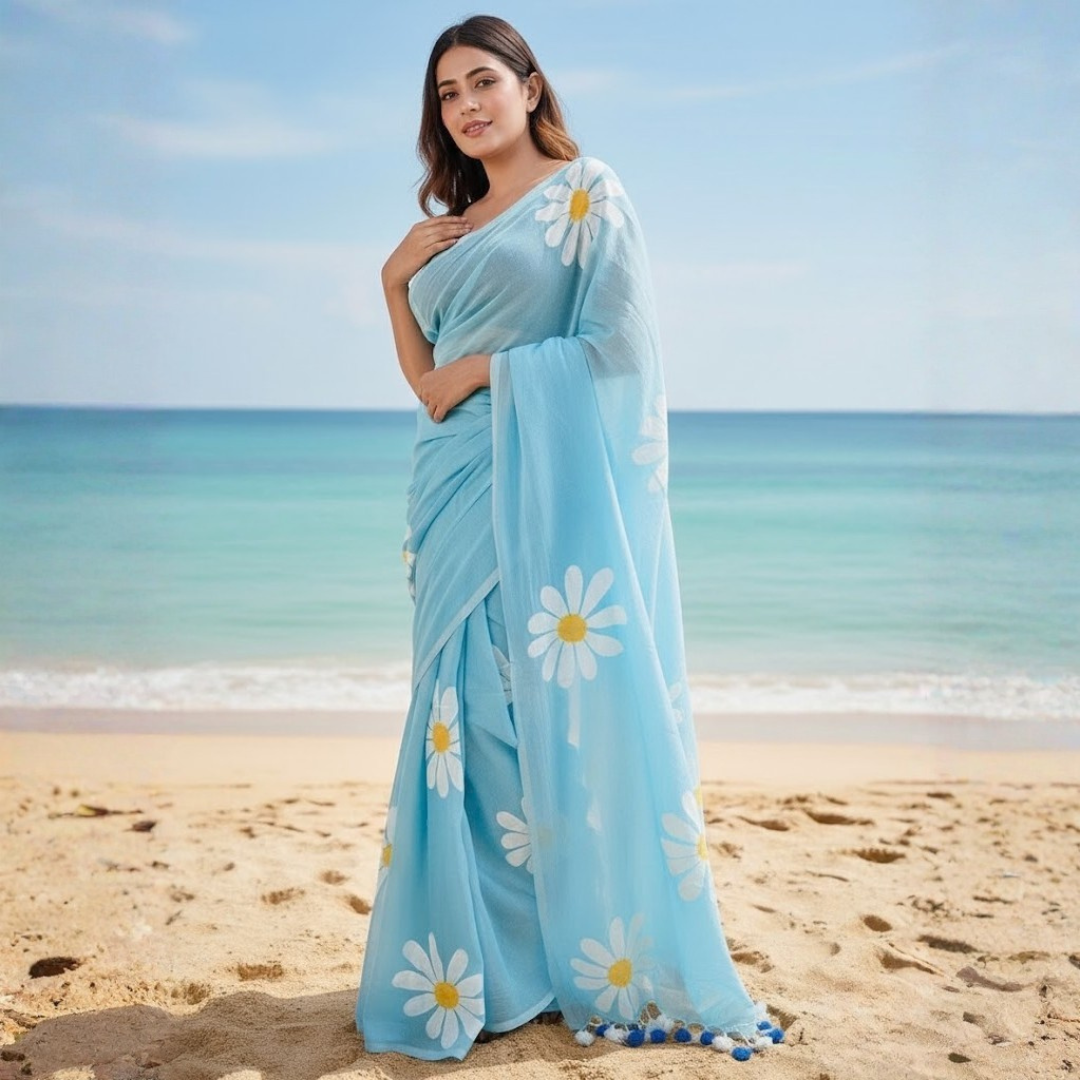 Printed Cotton Saree Collection  With Fumka Border  For  Women