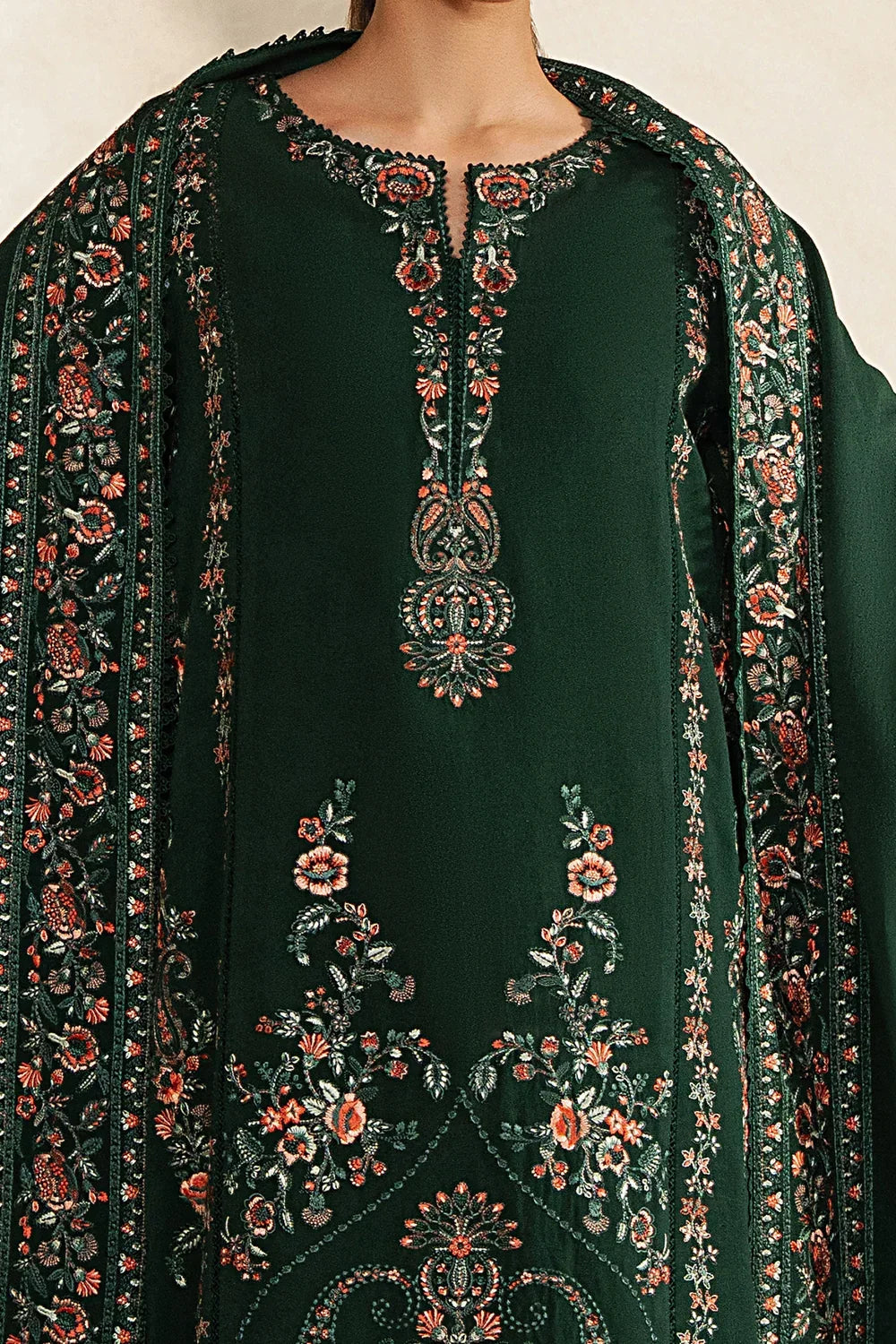 Forest Green &amp; Multi-Color: Embroidered Lawn Suit | Ready To Wear