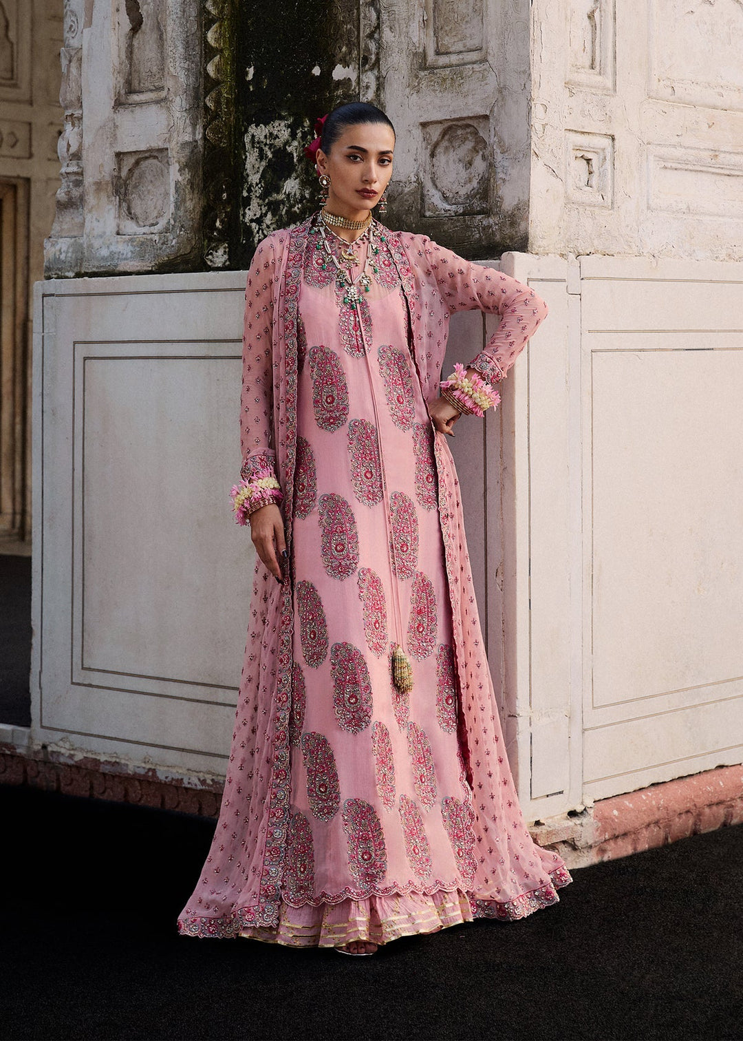 Chiffon Embroidered Long Shirt Gown with Raw Silk Lehnga – Ready to Wear