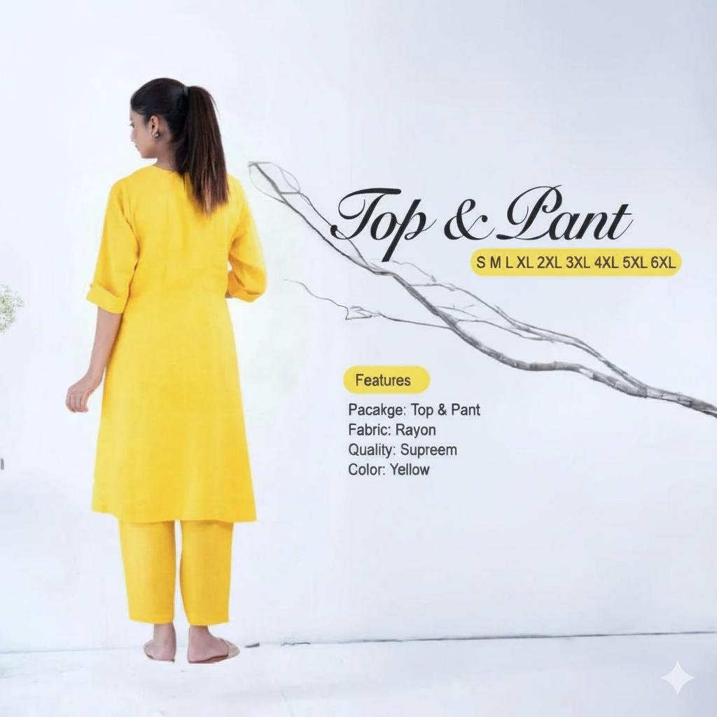 Rayon Yellow 2pcs Suit For Women Limited Stock 002