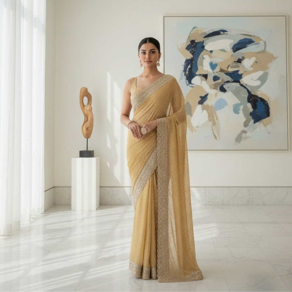 Fendy Silk With Beautiful Stone Work Saree For Women