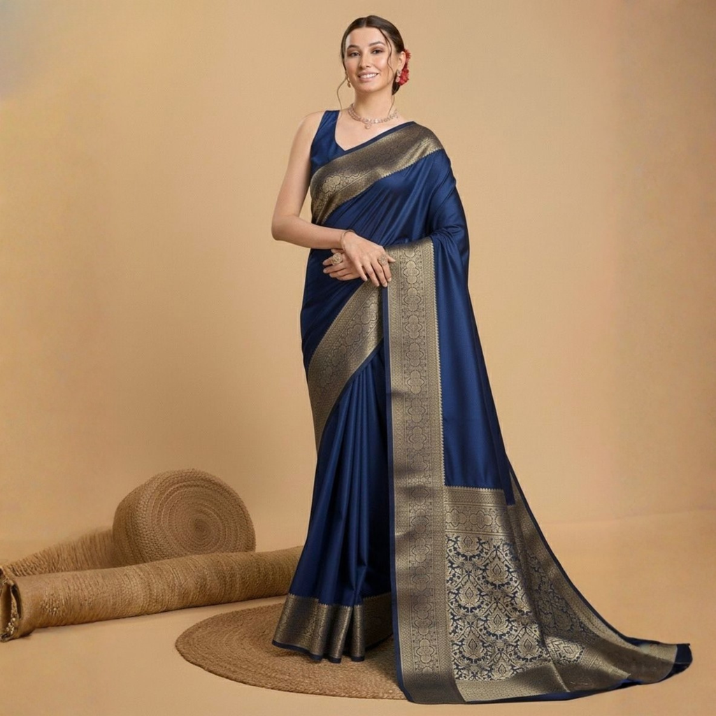 Printed Silk Saree With Contrast Heavy Blouse For Women